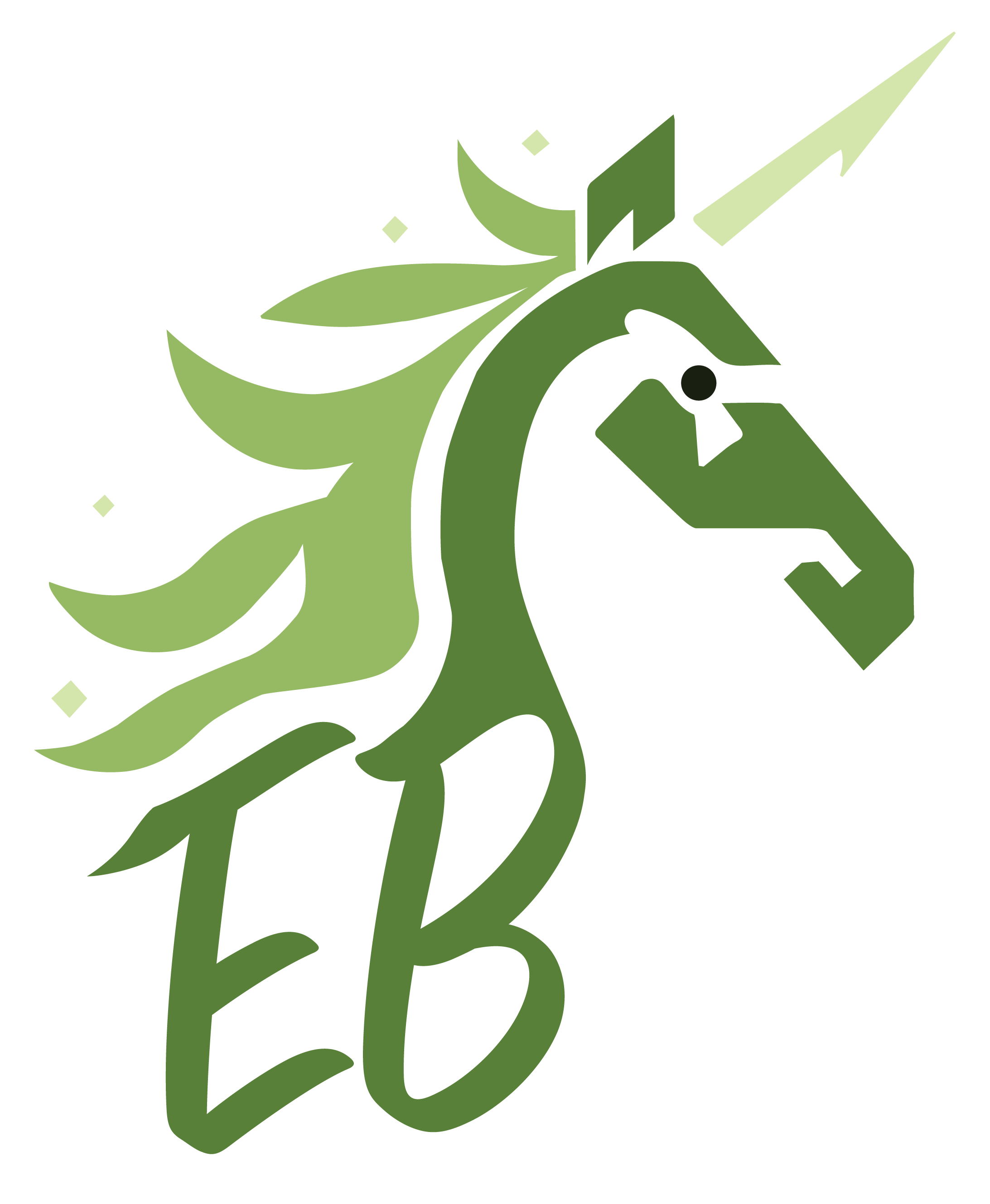 A monochromatic green unicorn head logo with the initial 'EB' intigrated in the bottom